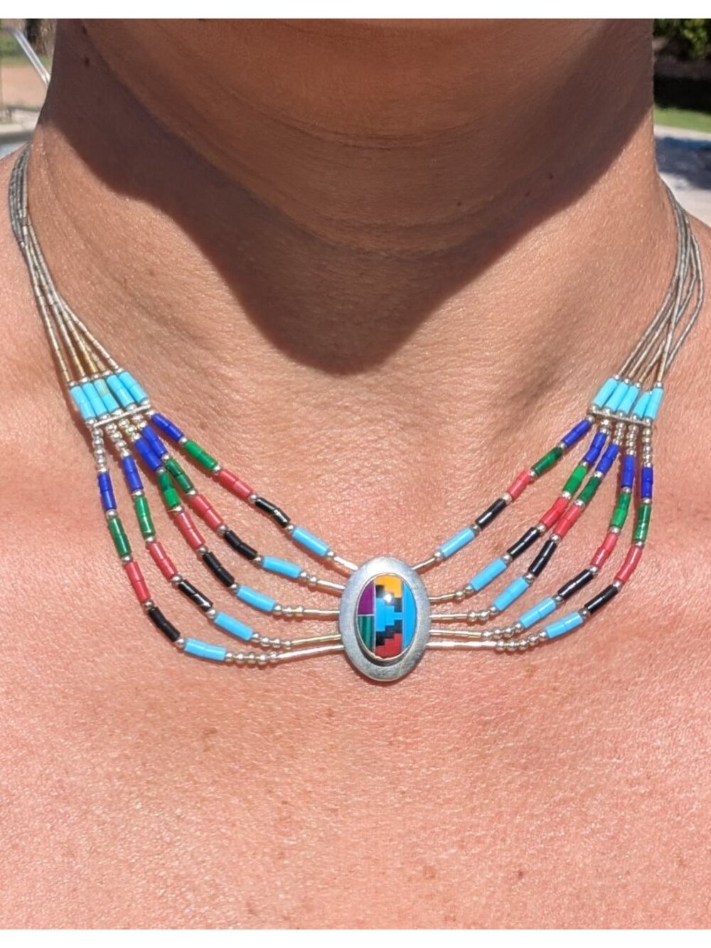 VTG Native American Inlay Necklace five-strand liquid Sterling silver Mosaic